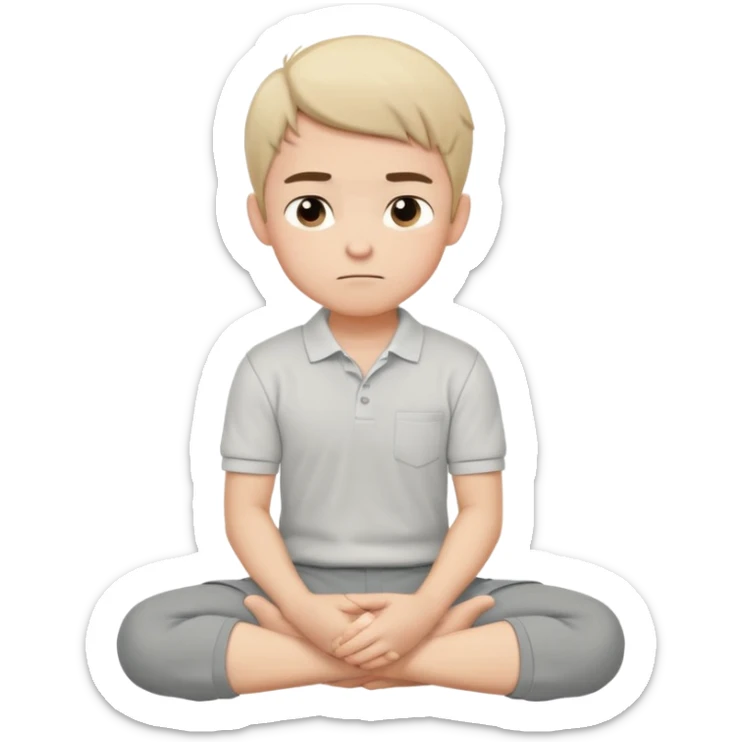 Cartoon boy sitting cross-legged, his fist pressed to his cheek, wearing a white polo and gray pants. He has a smug smirk, eyes looking forward. Clean lines, flat colors, solid black background, vector art, character sheet style. sticker