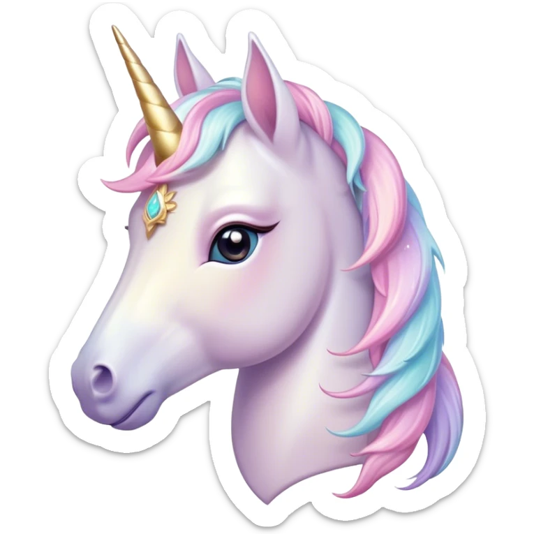 Cinematic Noble Unicorn Pony Portrait Emoji, Poised and graceful, with a delicate, miniature equine build adorned with a soft, pastel color, a tiny, shimmering horn and a silky mane that hints at magical charm, Simplified yet sharp and sophisticated features, highly detailed, glowing with a soft, enchanted glow, high shine, intelligent and spirited, stylized with an air of fairy-tale elegance, focused and poised, soft glowing outline, capturing the essence of a watchful and confident unicorn pony that appears ready to trot out of the screen with graceful magic! sticker