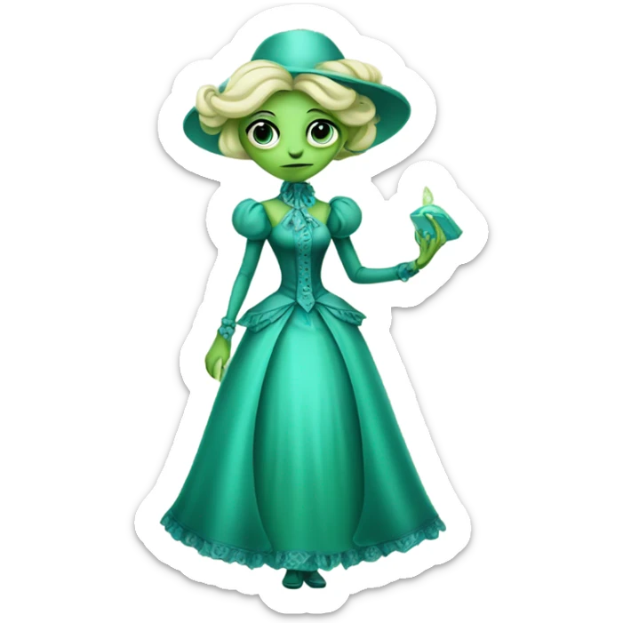 "green blonde alien woman" in cyan Victorian dress elegant, full body sticker