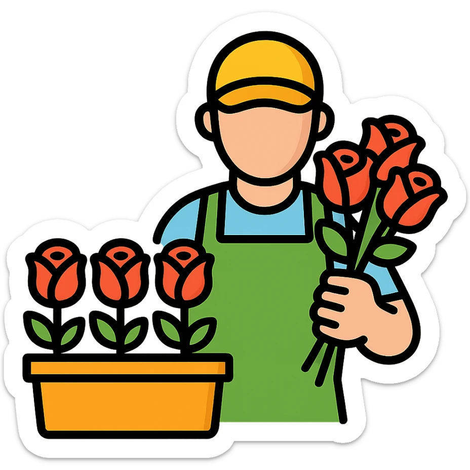 rose farm emoji showing a worker grading roses and bunching them together, colorful outlined icon style sticker