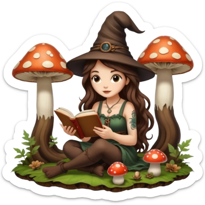 cute forest witch woman long wavy brown hair tattoos reading book on mushroom sticker