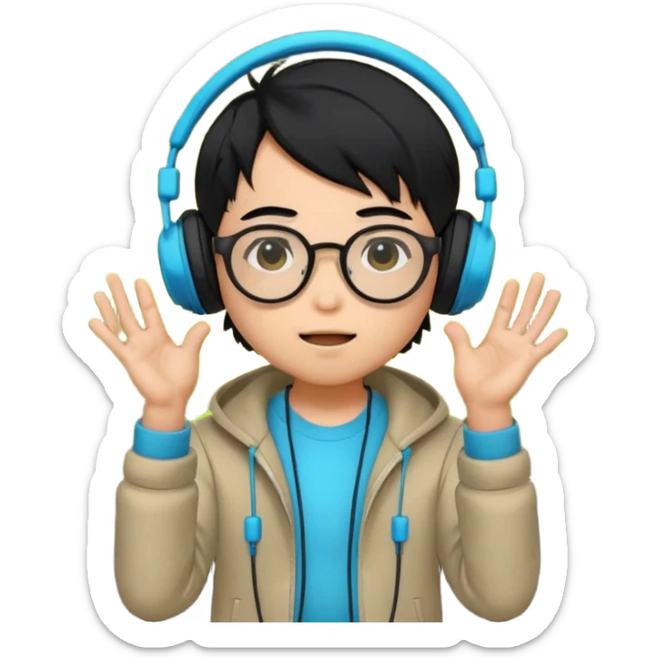Chibi Japanese boy with black hair and round glasses, big headphones, vibing hard to electronic music, strong beat pulse lines around him, neon glow, exaggerated cartoon style, streaming emote. sticker