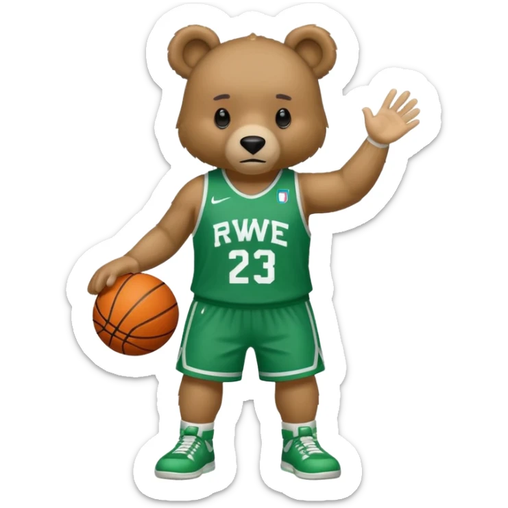 Bear with full body and wearing basketball green and white  jersey that says RWE  sticker