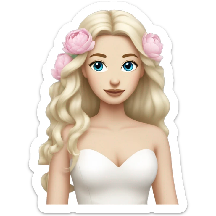 White bride with long light blonde hair and blue eyes with light pink peonies in hair white skin  sticker