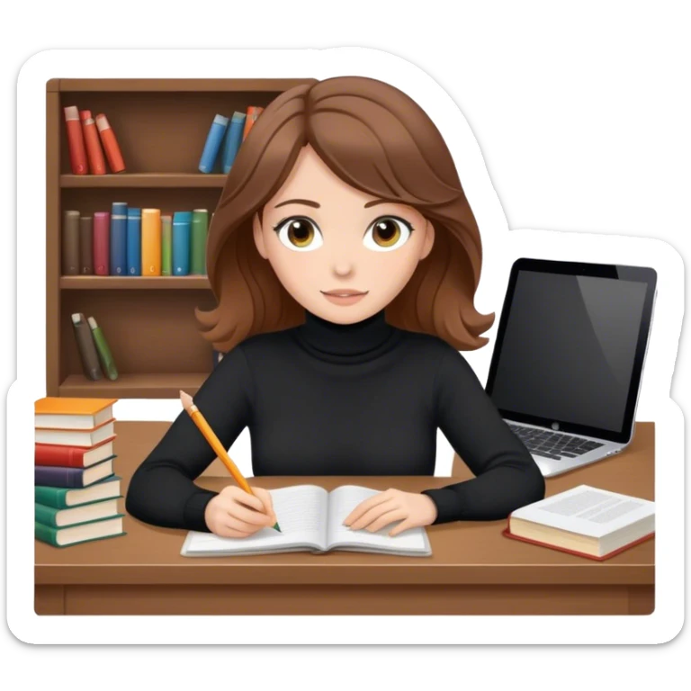 Thin white woman while working on a project at a desk with iPad and pencil and books brown hair in a white blanket while wearing a black turtleneck sweater with brown and long with soft waves hair and near to hazel color eyes  sticker