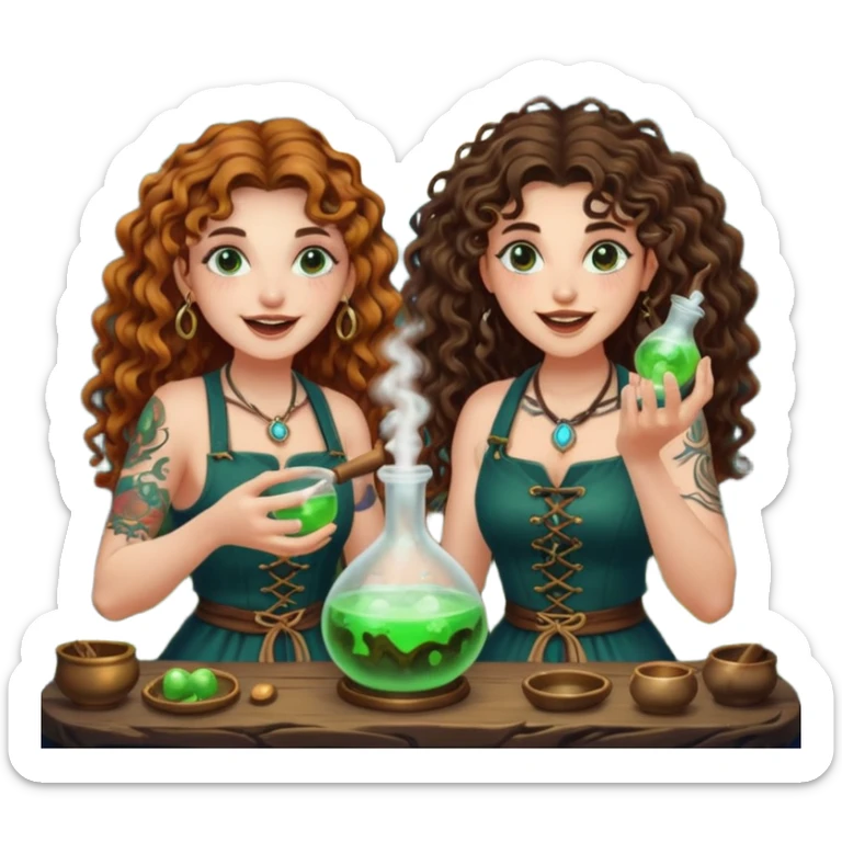 forest alchemist duo two women curly long hair tattooed and short brown mullet mixing glowing moon potion together excited faces sticker