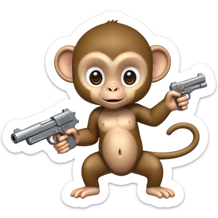 Forward perspective of a baby monkey holding a fake gun. The fake gun is horizontal and pointed straight forward  sticker