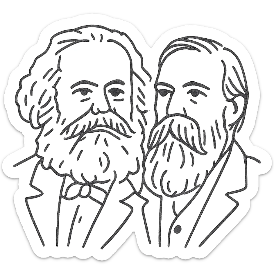 a black outline portrait of Karl Marx and Engels together based on a famous portrait of them, with eyes the same size and noses less abrupt sticker