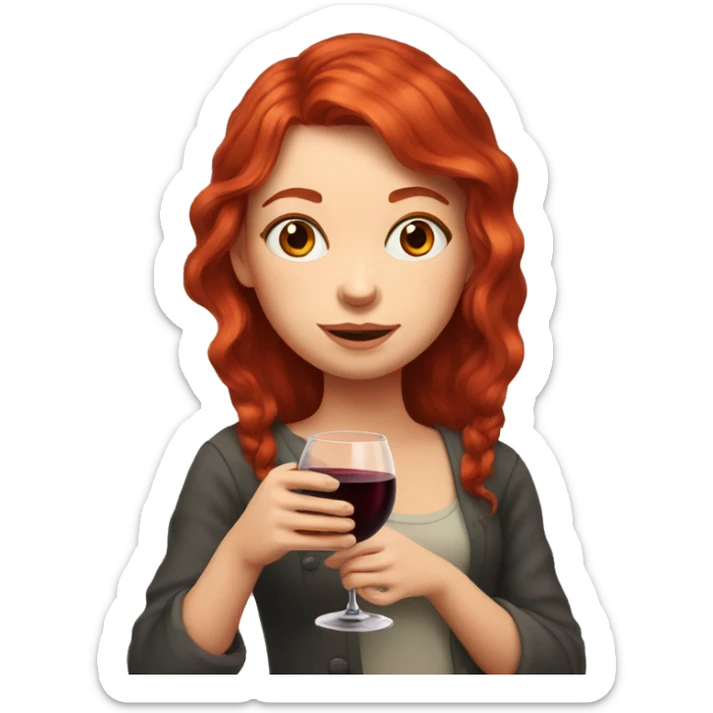 Portrait of a red-haired girl who drinks red wine with cat sticker