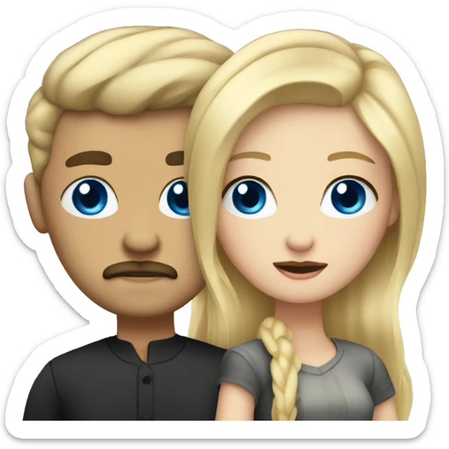 blonde blue eyed girl with man with black hair and mustache sticker