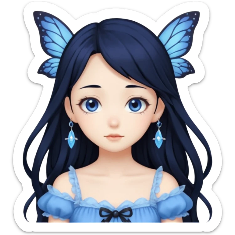 Gothic anime fairy with long beautiful black hair and blue dress, pastelcore, sticker