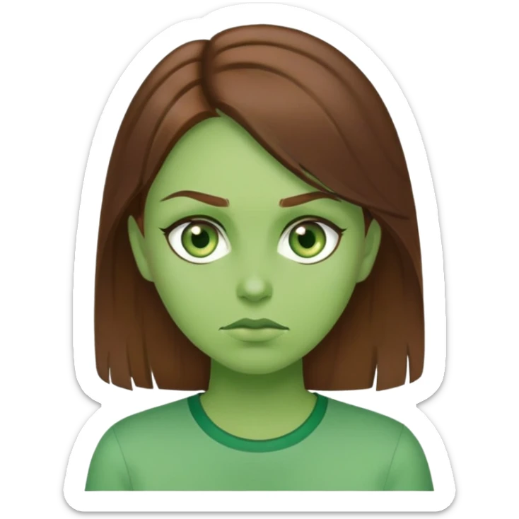 A woman with brown hair green eyes green shirt with green skin Jeal sticker