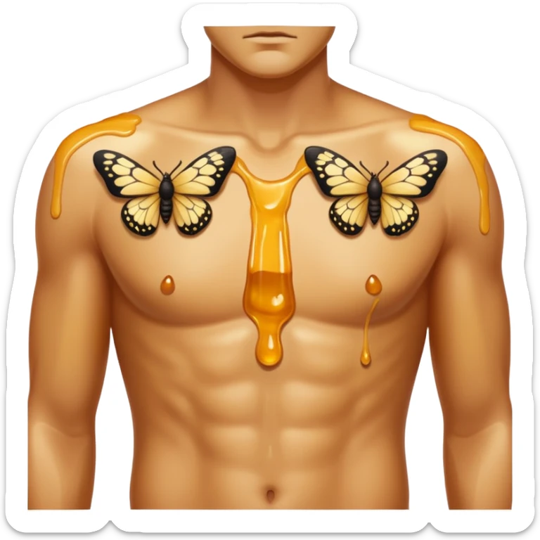 close up male torso with honey gloss drip and moths nearby sticker