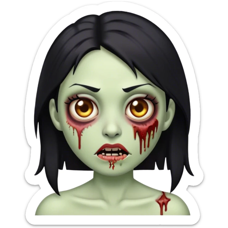 Make an emoji of a zombie woman with black hair, almond-shaped brown eyes and a labret piercing on her left lip. sticker
