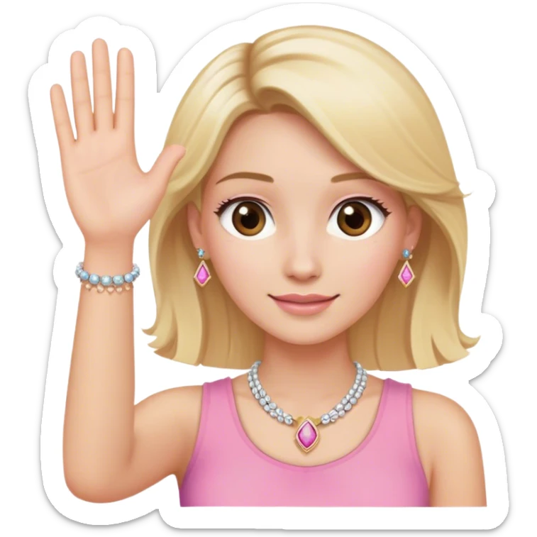 A giro with the hair blonde brown eyes waving Hi with jewelry on her and pink top sticker