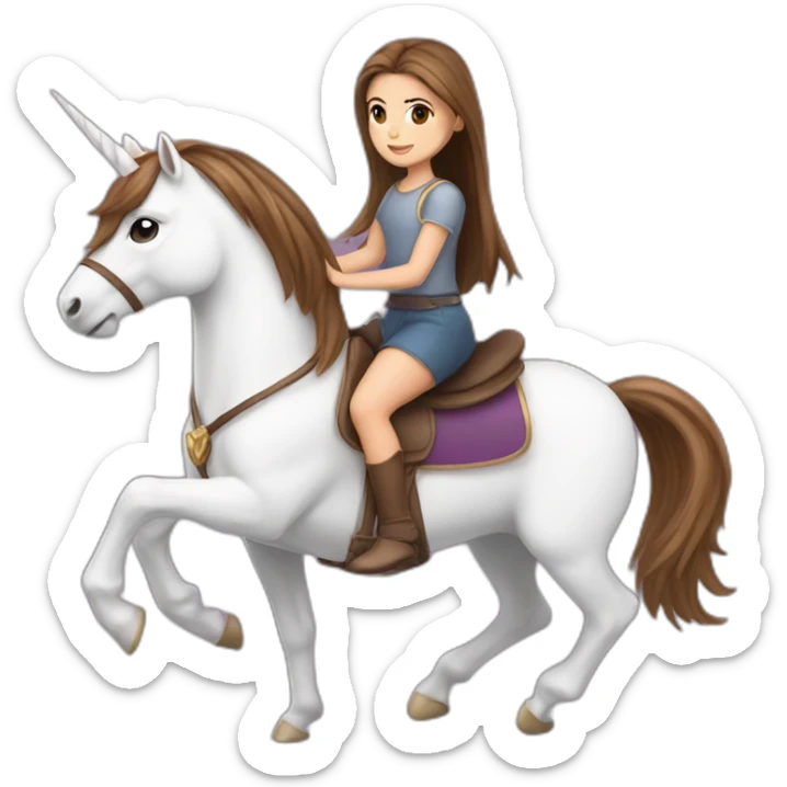Girl with brown straight hair past shoulders and brown eyes riding a unicorn  sticker