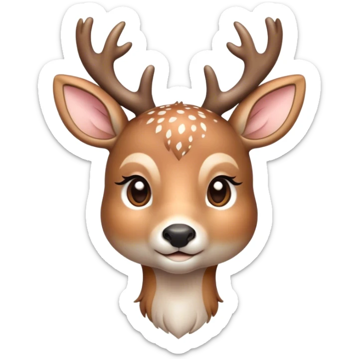 Cinematic Cute Deer Portrait Emoji, Head tilted playfully and inquisitively, showcasing a delicate Fur speckled with subtle white spots and gentle earth tones, round, sparkling eyes filled with curious wonder, Simplified yet irresistibly adorable features, highly detailed, glowing with a warm, friendly glow, high shine, affectionate and graceful, stylized with a touch of woodland whimsy, bright and endearing, soft glowing outline, capturing the essence of a mischievous yet loving fawn, so playful it feels like it could skip out of the screen into your arms! sticker