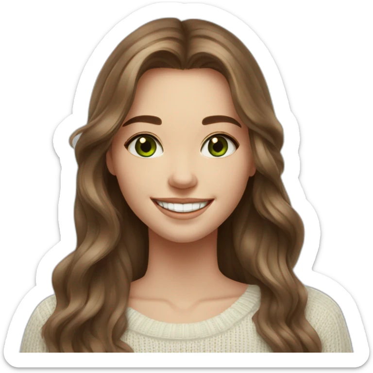 beautiful girl, white, with long loose wavy hair, brown hair, brown green eyes, smiles at the camera, good teeth, white sweater, realistic drawing sticker
