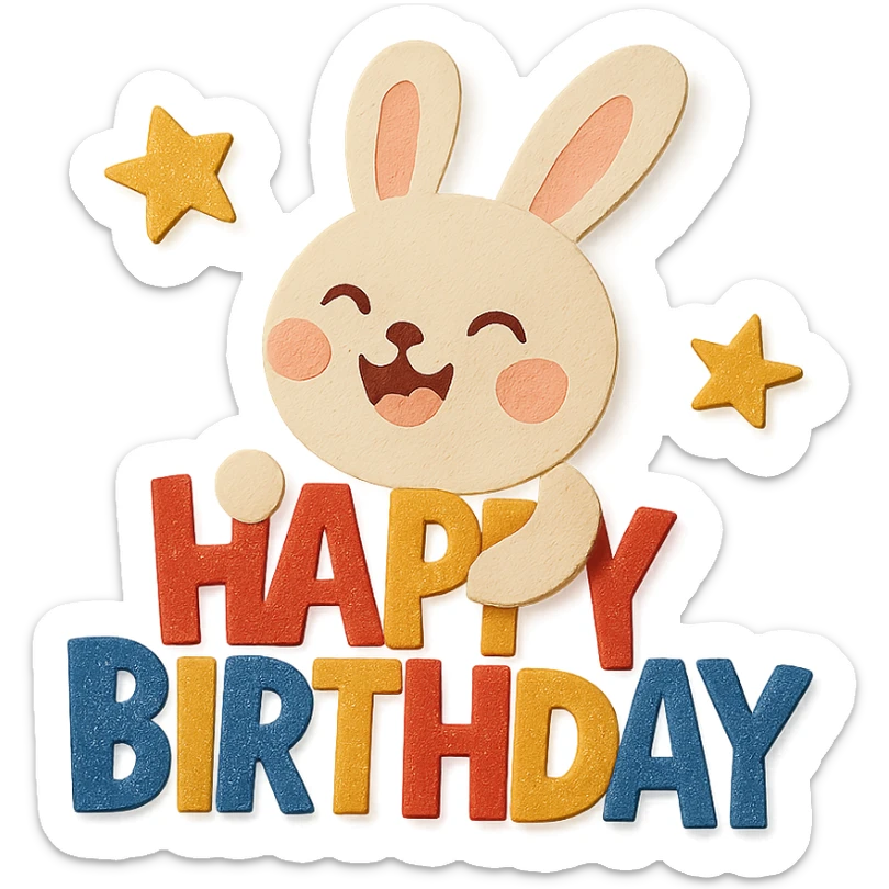 laughing bunny hugging "Happy Birthday" letters with stars, paper-craft style, transparent background sticker