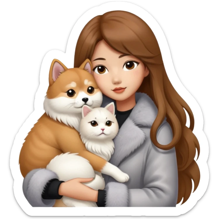 A Chinese fashion girl with brown hair, wearing a light gray fur coat, hugging a Shiba Inu and a long-haired white Persian cat. sticker