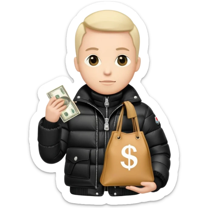 person wearing a black moncler jacket with a bag of money sticker