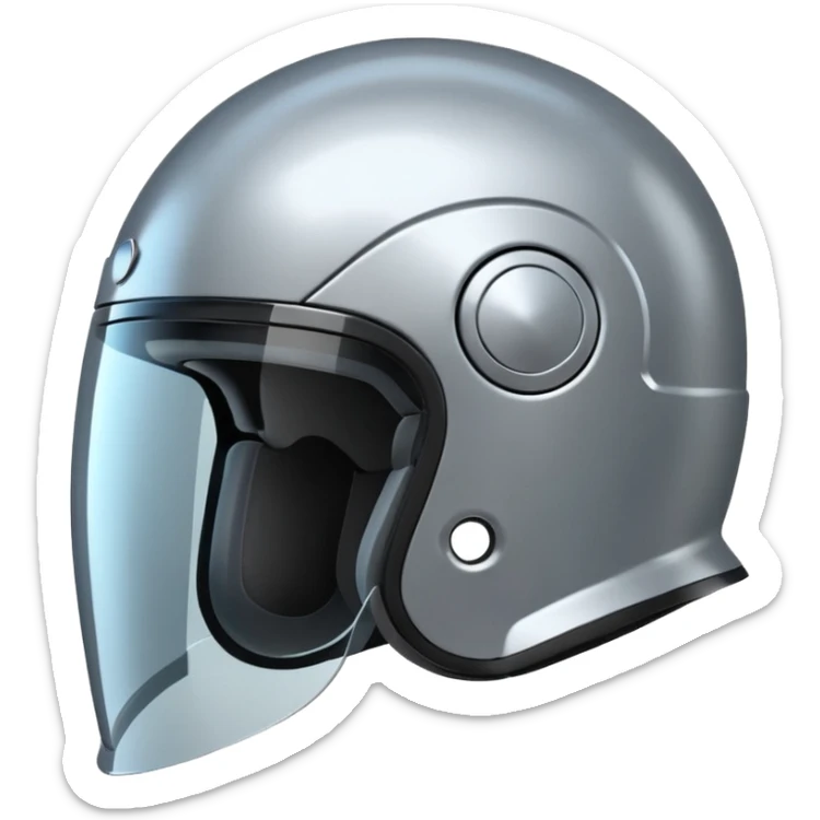 A futuristic helmet emoji made of silver chrome, smooth aerodynamic shape, minimal visor detail, reflective metallic surface, sci-fi aesthetic, iOS emoji style, centered on clean white background sticker
