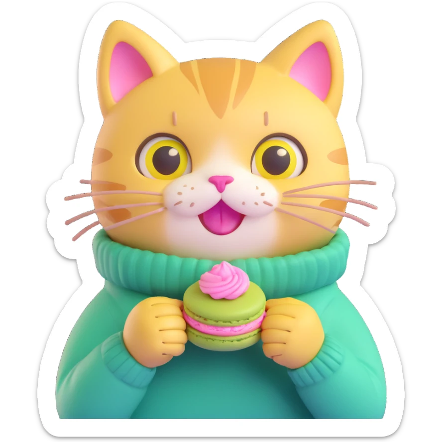 cute cat with big eyes, wearing a green sweater with yellow smiley faces, holding a pink macaron, soft and shiny, inspired by Apple emoji aesthetics, 3D iOS style emoji, variation 3 sticker