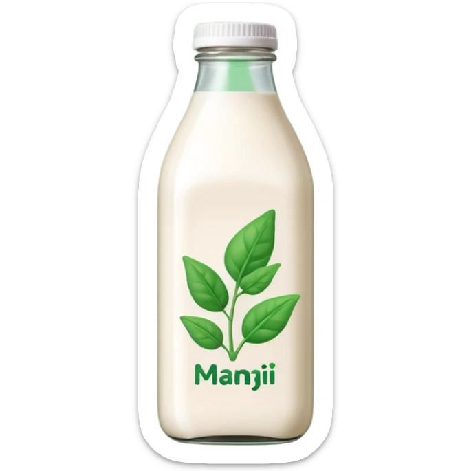 A 3D cartoon bottle of plant-based milk identical to dairy milk, small green tint or leaf mark, Memoji-style. sticker