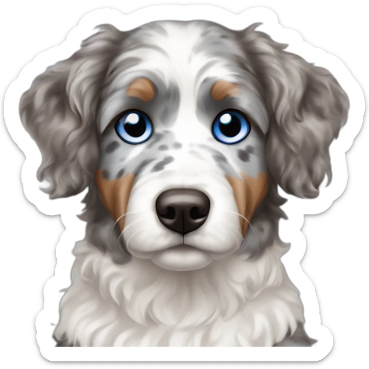 A model dog with one blue eye and one half brown and blue of breed blue Merle Aussiedoodle sticker