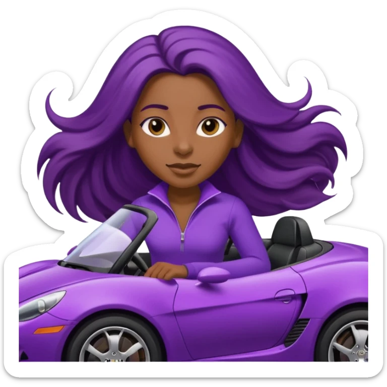 Black woman with long hair riding in a purple sports car sticker