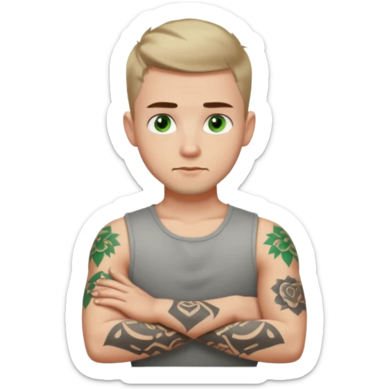 White young man with short dark taper fade hair cut and slight goatee and neutral expression with his arms folded. Green eyes and arm tattoos sticker
