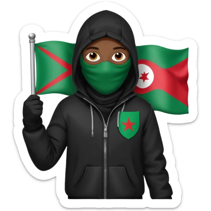 fait une personne habiller tout en noir avec une veste et une capuche et une cagoule qui tient un drapeua d'algerie dans sa main droite sticker