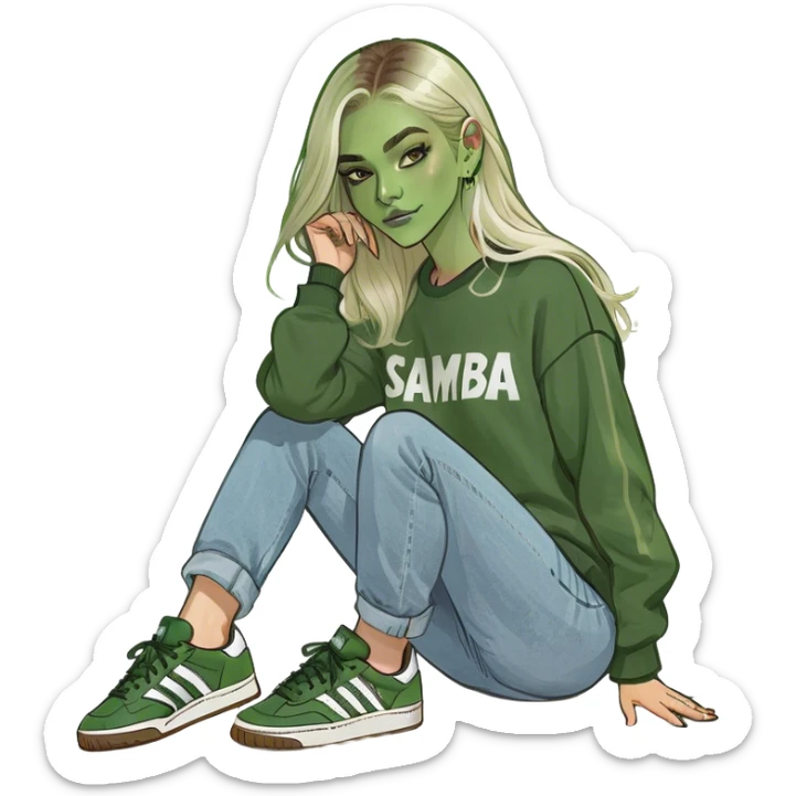 Girl with very long whitish blonde highlighted hair parted down the middle wearing denim jeans and adidas samba og sneakers with a brown sweatshirt sticker