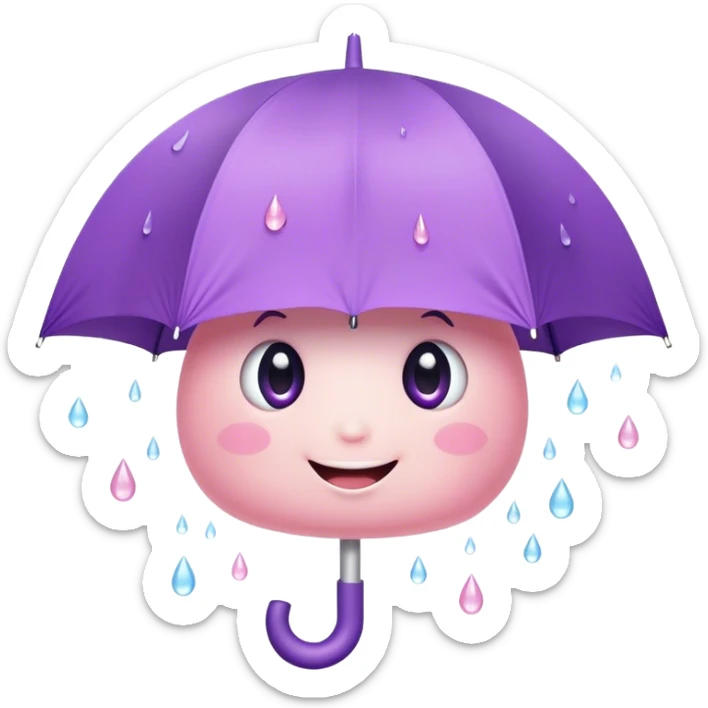 Cute Kawaii Umbrella, small and cute, soft pastel pink and purple, tiny rain droplets smiling down, a chubby round handle, big sparkling eyes full of joy! sticker