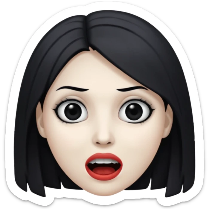 woman with gray skin and black hair and a creepy face with white eyes and hollow mouth sticker