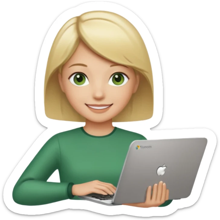 short blonde hair teacher green eyes woman happy holding chromebook sticker