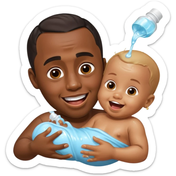 Sean “Diddy” Combs with baby oil and a very small infant and he’s pouring the baby oil on the infant that is laughing with a very exaggerated expression sticker