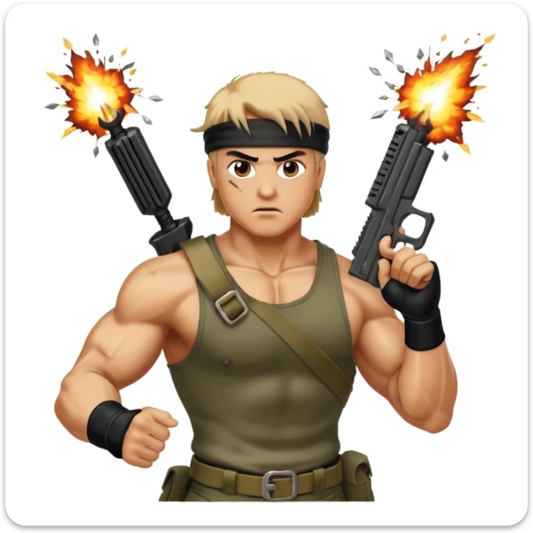 Icon for Action Movies: Rambo in the lead role, in an intense action pose with weapons, explosions, and dramatic background. The design should evoke the classic action movie feel with muscle-bound heroes and high-energy sequences. Transparent background. sticker