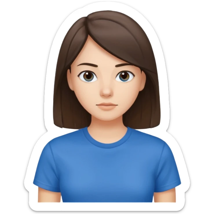 young brunette brawn-eyed woman with straight hair with a blue t-shirt with  sticker