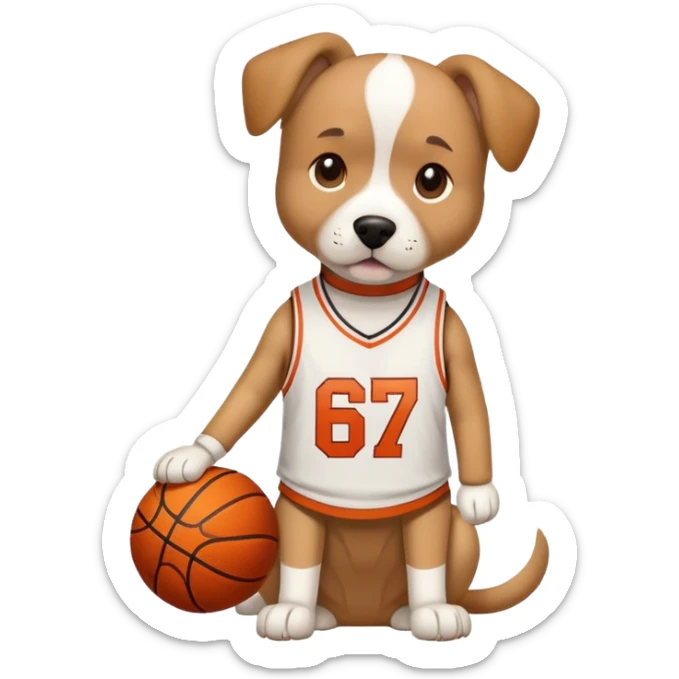 Dog wearing a basketball shirt with the number 67 sticker