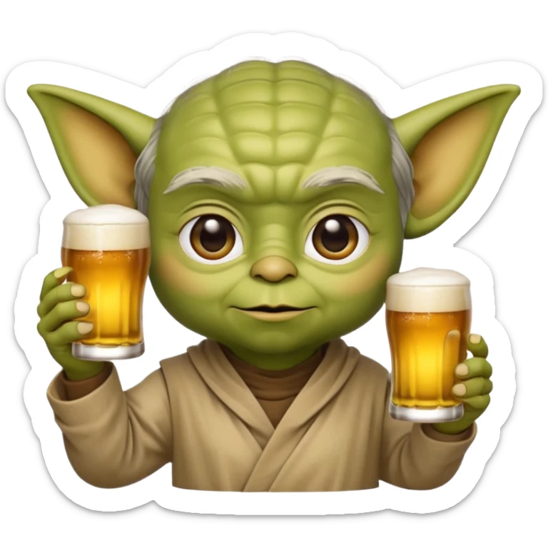 3D emoji-style Yoda head holding a beer glass in one hand. Smooth rounded shapes, soft gradients, friendly expression. Golden beer with foam in transparent glass. Close-up, centered. PNG, transparent background. sticker
