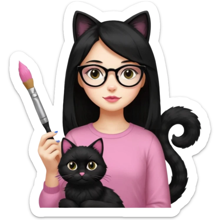 Painting women. smilling   Long black hair,  lunette peinture top pink, pinceau with is black cat  sticker