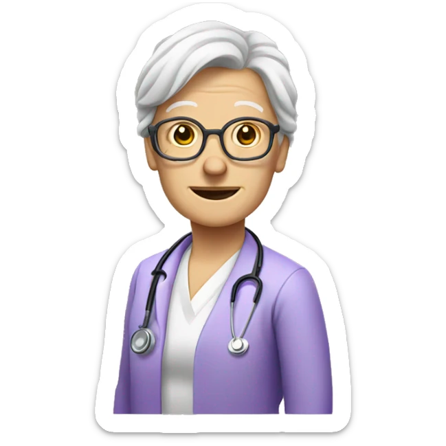 elderly doctor, with a few wrinkles, violet shirt, blond hair above her shoulders sticker