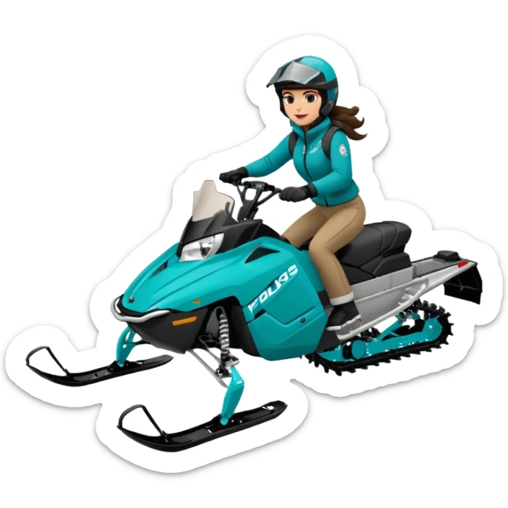 Can you create an emoji of a brunette girl on a teal polaris khaos 850 155 snowmobile action shot sticker