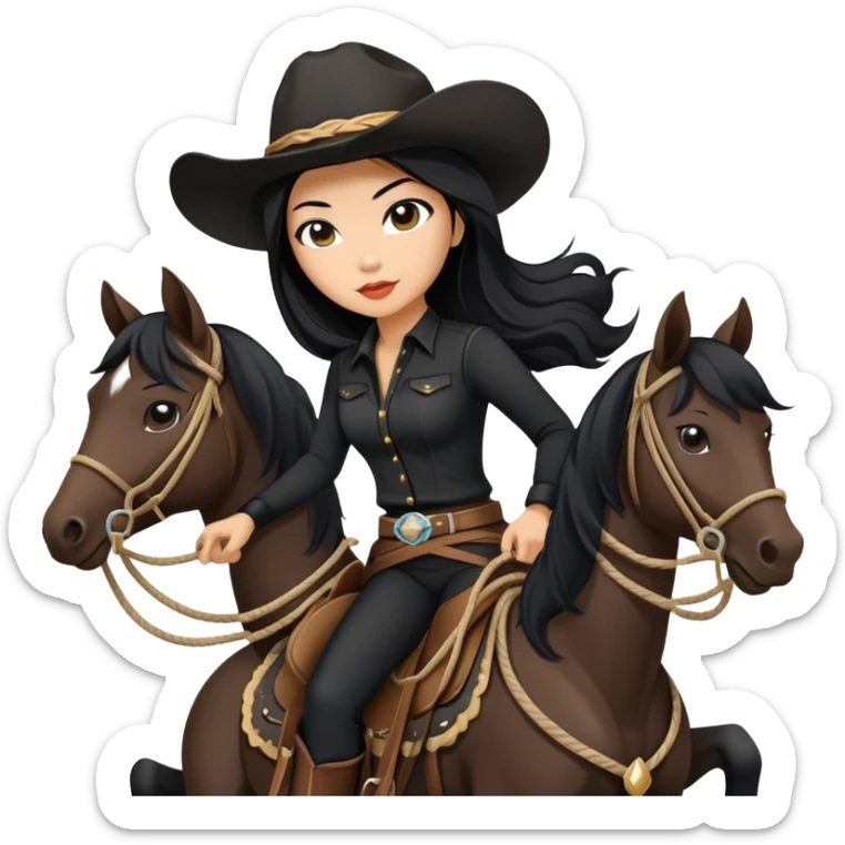 confident Asian woman with long black hair wearing black outfit riding a horse cowgirl style with a lasso sticker