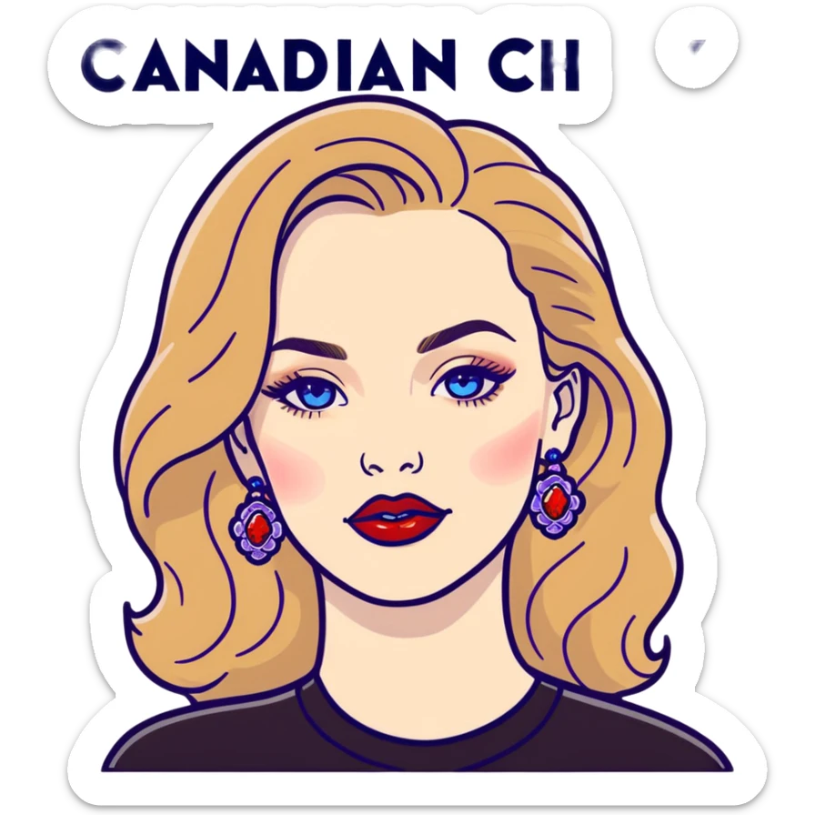 Female with Pale skin wavy long brown blonde hair crystal blue eyes bigger lips wearing red matte lipstick. wearing a black long sleeves the phrase Canadian Chick writing on the front in a red and purple colored font and large 24k gold earrings sticker