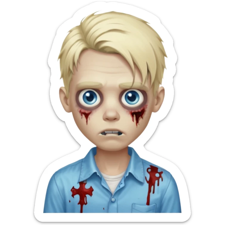 zombie boy with messy long blond hair blue eyes, designer shirt and hair pins sticker