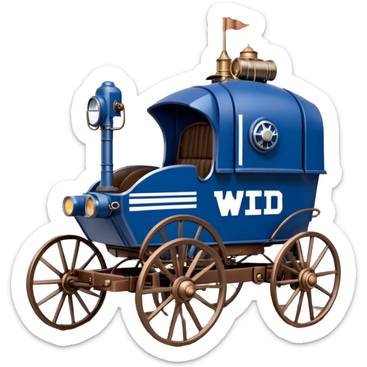 Old American West tarnished R2D2 bounty policeman in 1854 delicately ornate rosegold accents painted buggy buckboard wagon powered by electric motors and batteries with safety features and belts flying rapidly across rough dusty terrain stable on strong agile futuresteampunk suspension and steering  sticker