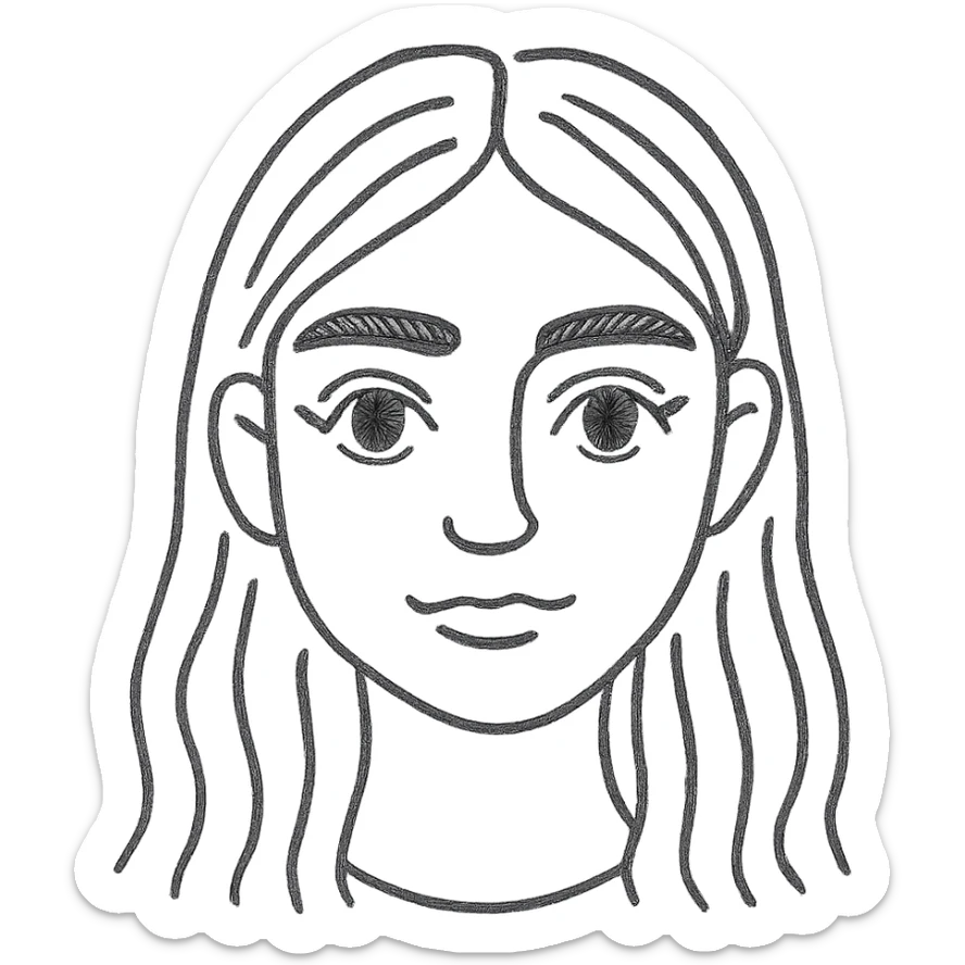 pretty girl with thick eyebrows, straight brown hair and brown eyes, curled eyelashes, hand drawn outlined icon sticker