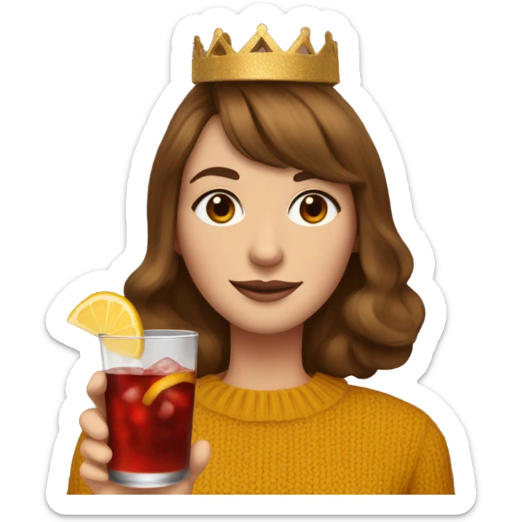 White English woman with long brown hair and face framing layered bangs dressed in a mustard yellow sweater with birthday crown and negroni in hand sticker